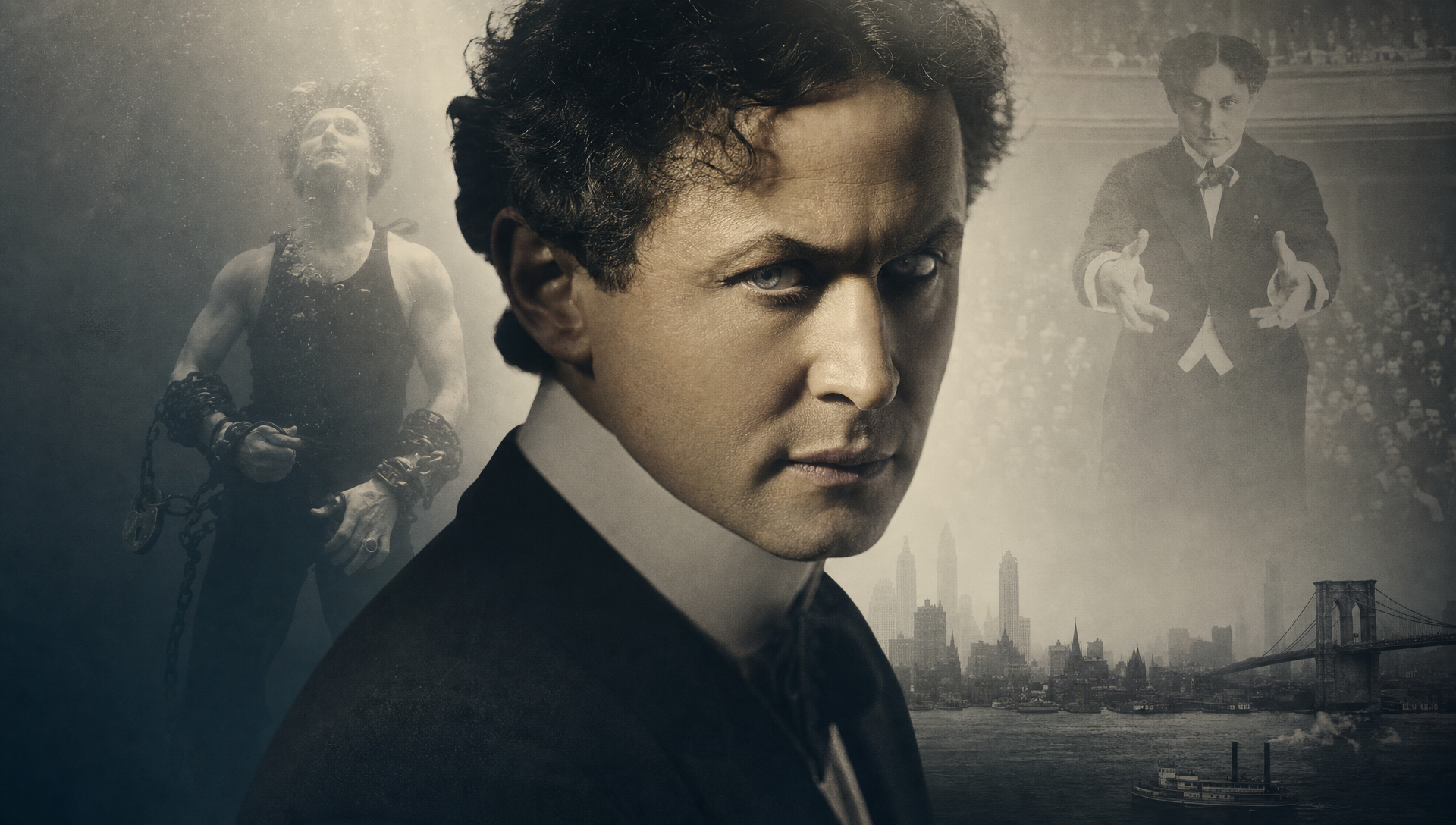 Houdini portrait with escape acts and the New York skyline